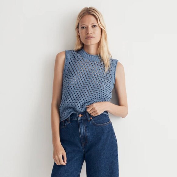 Madewell Open-Stitch Cotton Crop Sweater Vest in Robin Egg (Blue) - Size M - Picture 4 of 11